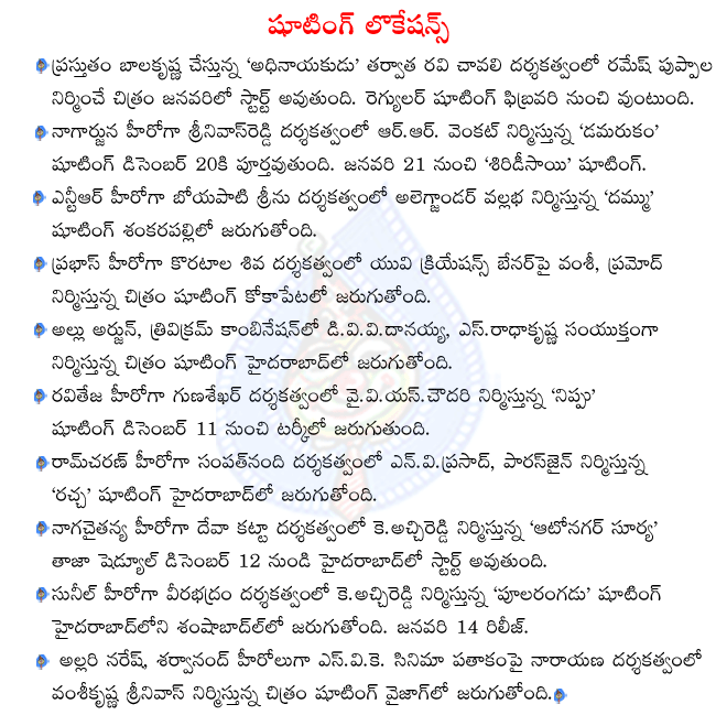 balakrishna in adhinayakudu shooting,nagarjuna in damarukam shooting,ramcharan in rachcha shooting,nagachaitanya in autonagar surya sooting,prabhas in uv creations shooting,raviteja in nippu shooting  balakrishna in adhinayakudu shooting, nagarjuna in damarukam shooting, ramcharan in rachcha shooting, nagachaitanya in autonagar surya sooting, prabhas in uv creations shooting, raviteja in nippu shooting